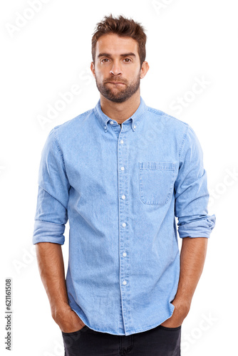 Confused, thinking and portrait with man with fashion in png or isolated and transparent background in germany. Bored, face and guy is casual in clothes with shirt in trendy outfit with male person.