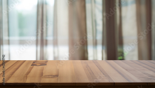 Wooden table in front of blurred transparent window curtain background