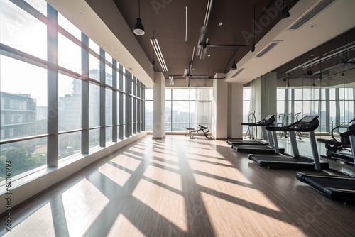 Fitness center gym interior design with daylight big window center city high rise building background Created with Generative AI Technology.