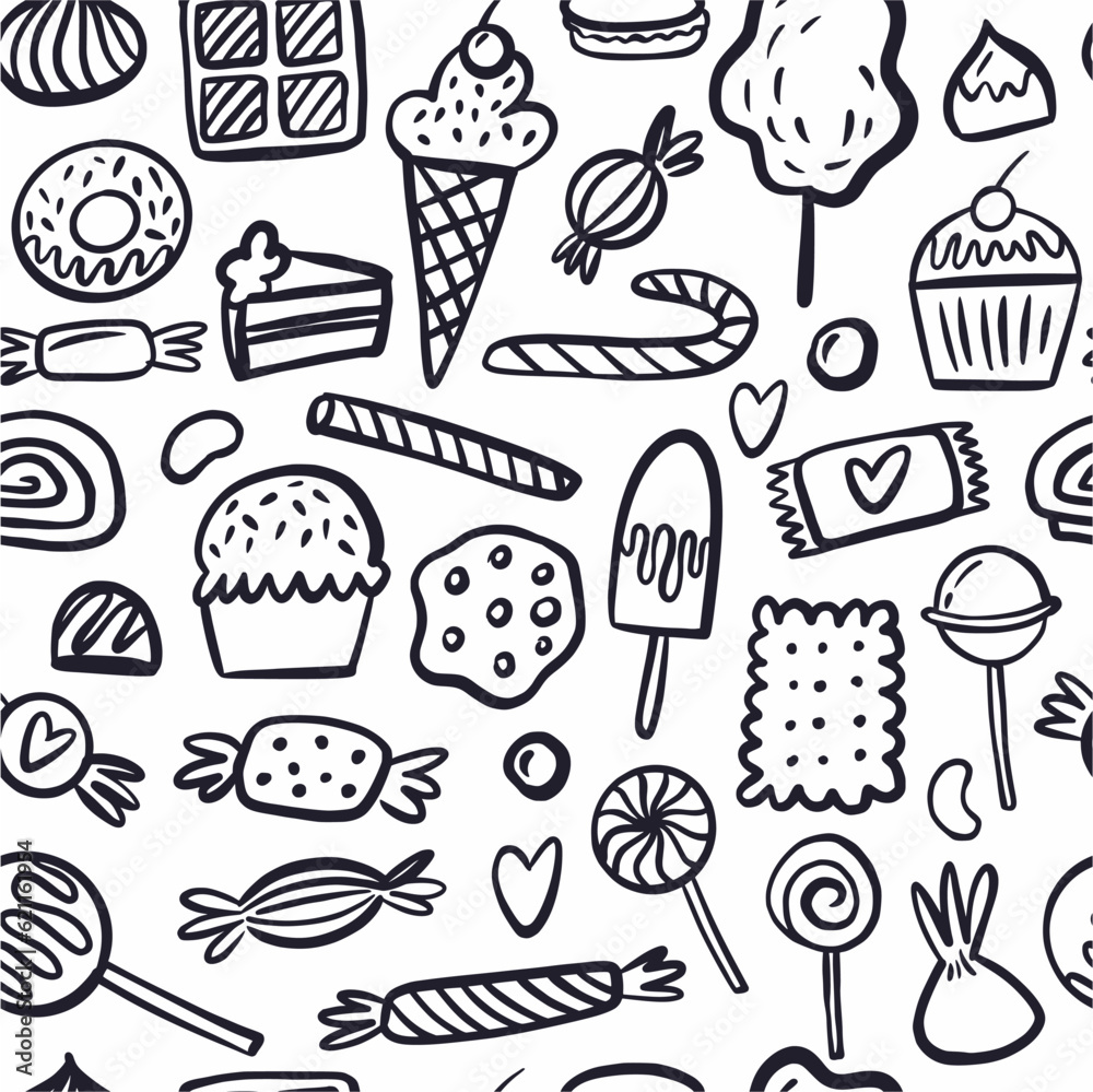 Vector pattern from a collection of candies and various sweets, hand-drawn in the style of doodles