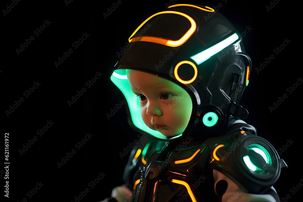 portrait of baby wearing neon glowing tron style armour