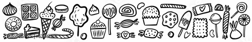 Vector horizontal pattern from a collection of candies and various sweets, hand-drawn in the style of doodles