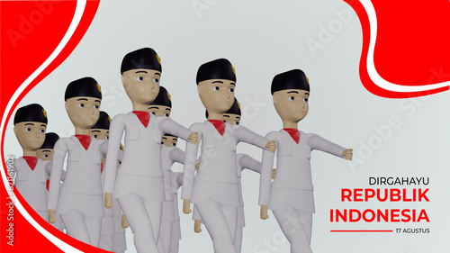 August 17 red and white flag raising troop illustration poster. Indonesian Independence day photo