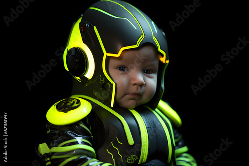 portrait of baby wearing neon glowing tron style armour