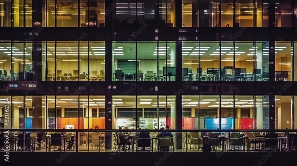 night time office space with row of working office table and work station unit modern interior office design,Generative AI night time office space with row of working office table and work station unit modern interior office design,Generative AI