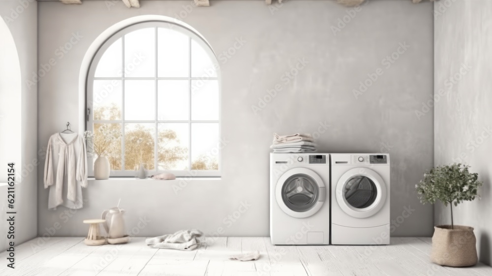 laundry area home interior design clean and clear empty space day light,Created with Generative AI Technology. laundry area home interior design clean and clear empty space day light,Created with Generative AI Technology.