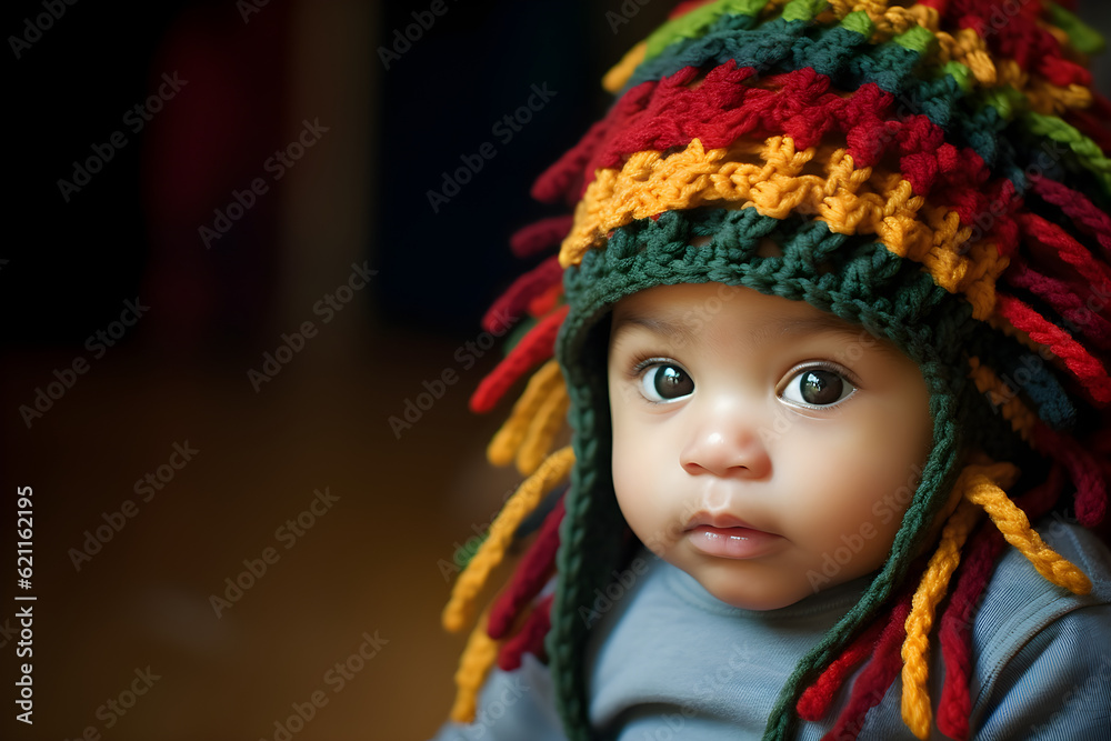 portrait of a baby wearing a rasta hat