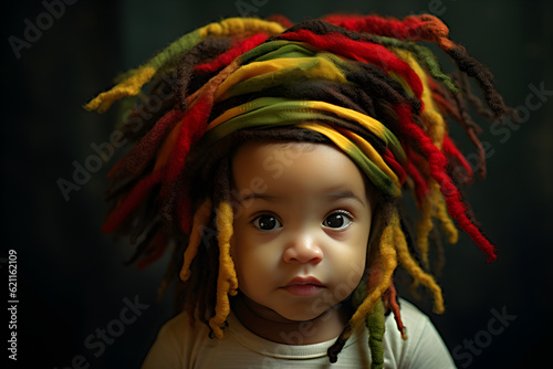 portrait of a baby wearing a rasta hat photo