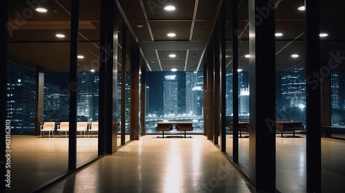 Modern Design office interior hallway corridor walkway office space background no people night time with urban night downtown city background Generative AI