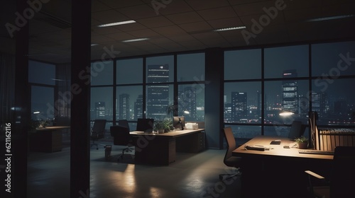 night time office space with row of working office table and work station unit modern interior office design,Generative AI © VERTEX SPACE