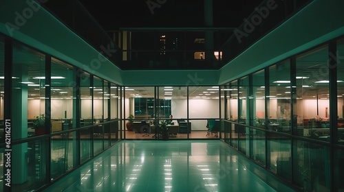 Modern Design office interior hallway corridor walkway office space background no people night time with urban night downtown city background,Generative AI