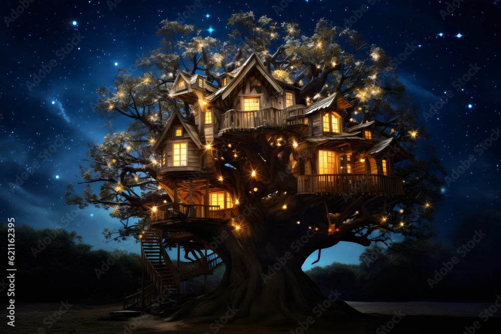 Fototapeta premium glowing treehouse with fairy lights at night, illustration made with generative ai