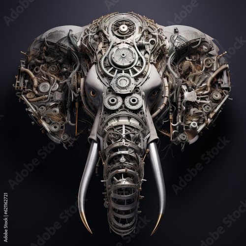 Image of an elephant face made with steel and various metals on clean background. Wildlife Animals. Illustration, Generative AI.