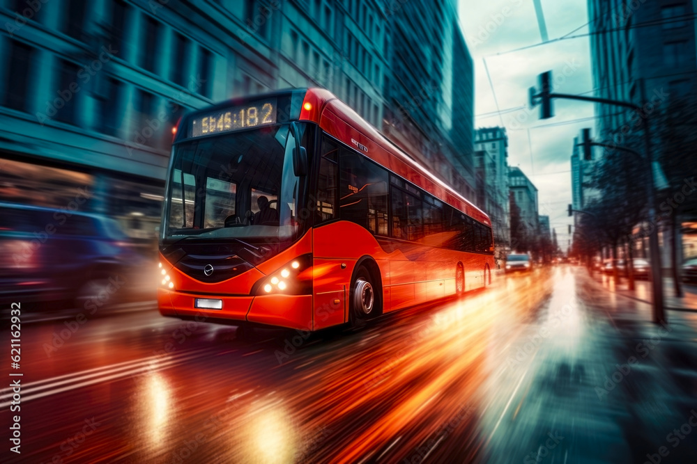 Red bus on the road with motion blur in the city. Shallow depth of field. Generative AI.