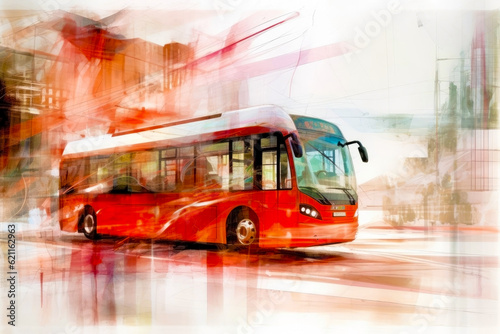 Abstract double decker bus in the city. Blurred background. Generative AI.