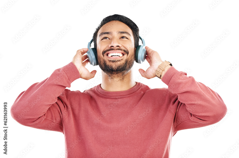 Fototapeta premium Music, headphones and happy asian man with good mood on isolated, transparent and png background. Smile, radio and male person with earphones for podcast, streaming or online subscription service