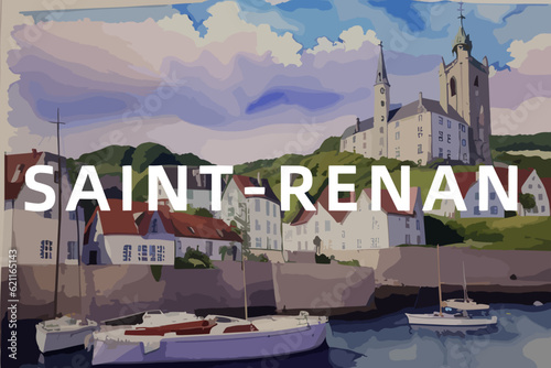 Beautiful watercolor painting of a French scene with the name Saint-Renan in Bretagne