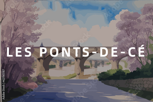 Beautiful watercolor painting of a French scene with the name Les Ponts-de-Cé in Pays de la Loire