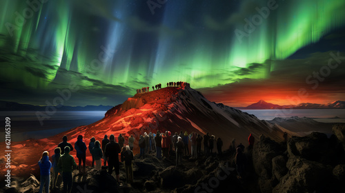 Summit of Spectacles: Einar Hákonarson's Flamboyant Vision of Aurora, Lava, and Crowded Mountain Peaks photo