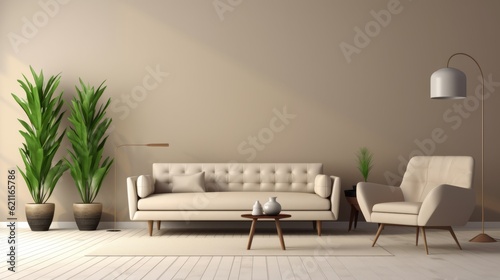 Modern Minimal clean clear contemporary living room home interior design daylight background beige white sofa couch in living room daylight from window freshness moment mock up interior generative ai