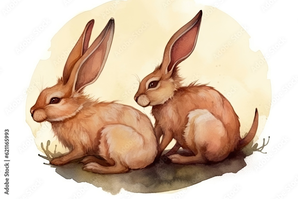 Obraz premium two adorable brown rabbits sitting closely together in a field. Generative AI