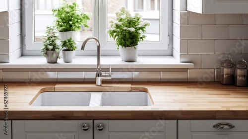 kitchen design home interior design concept kitchen sink with light from window house beautiful design background Created with Generative AI Technology.