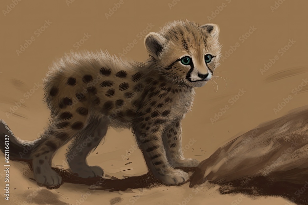 Obraz premium cute cheetah cub exploring the sandy desert landscape. Generative AI