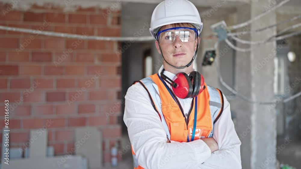Young caucasian man architect standing with arms crossed gesture and serious expression at construction site Young caucasian man architect standing with arms crossed gesture and serious expression at construction site