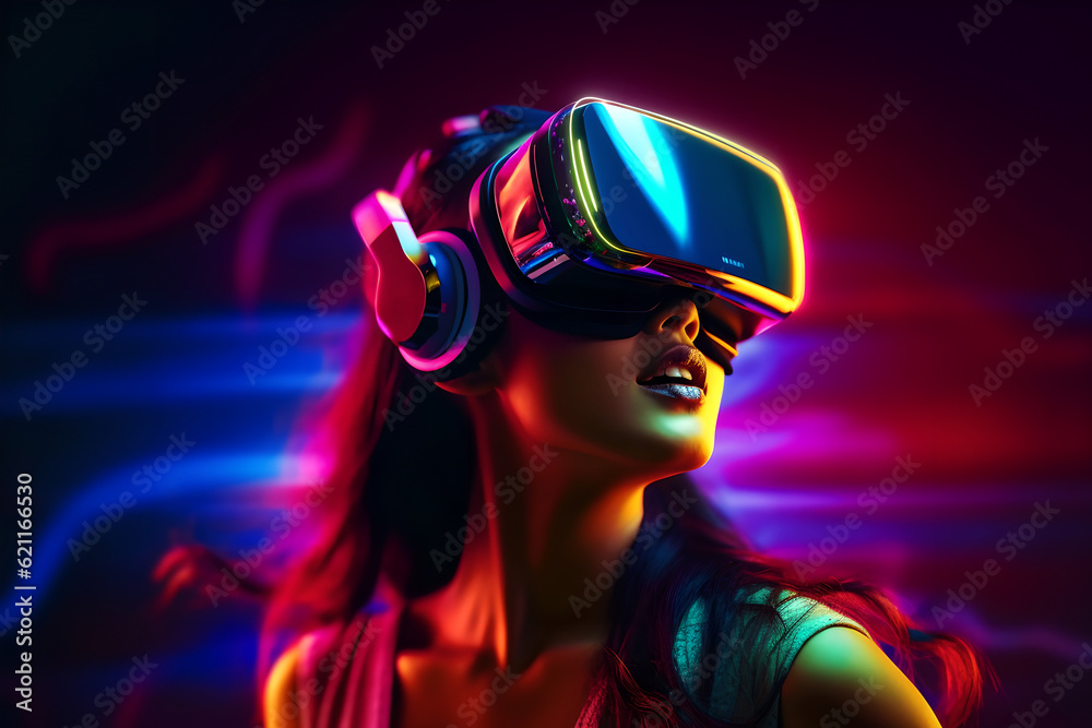 Young woman is using virtual reality headset. A person playing in VR games using VR glasses with trendy look and bright colors. Young woman is using virtual reality headset. A person playing in VR games using VR glasses with trendy look and bright colors.