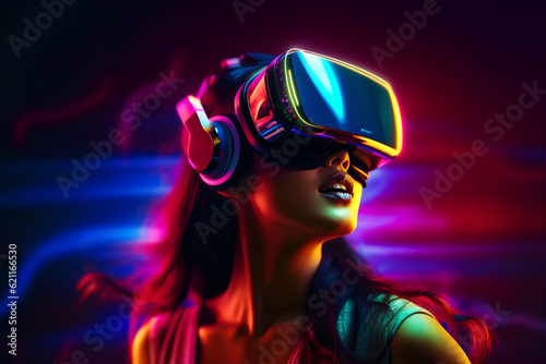 Young woman is using virtual reality headset. A person playing in VR games using VR glasses with trendy look and bright colors. © AspctStyle