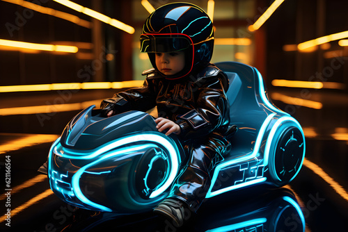 baby driving tron style neon car