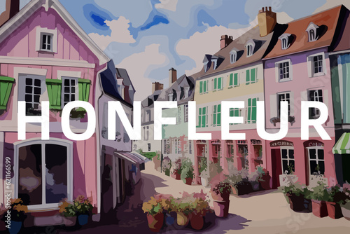 Beautiful watercolor painting of a French scene with the name Honfleur in Normandie