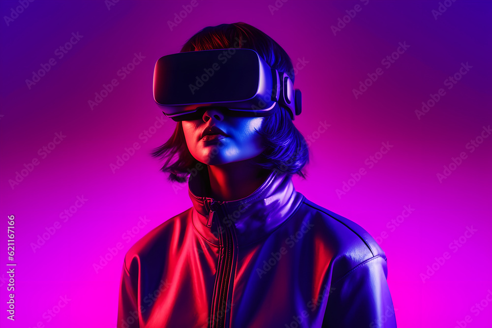 Young woman is using virtual reality headset. A person playing in VR games using VR glasses with trendy look and bright colors. Young woman is using virtual reality headset. A person playing in VR games using VR glasses with trendy look and bright colors.