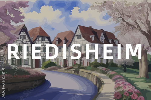 Beautiful watercolor painting of a French scene with the name Riedisheim in Grand Est