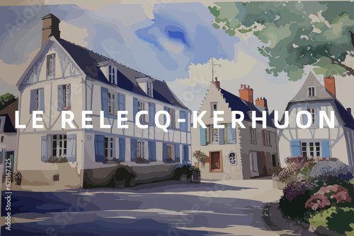 Beautiful watercolor painting of a French scene with the name Le Relecq-Kerhuon in Bretagne