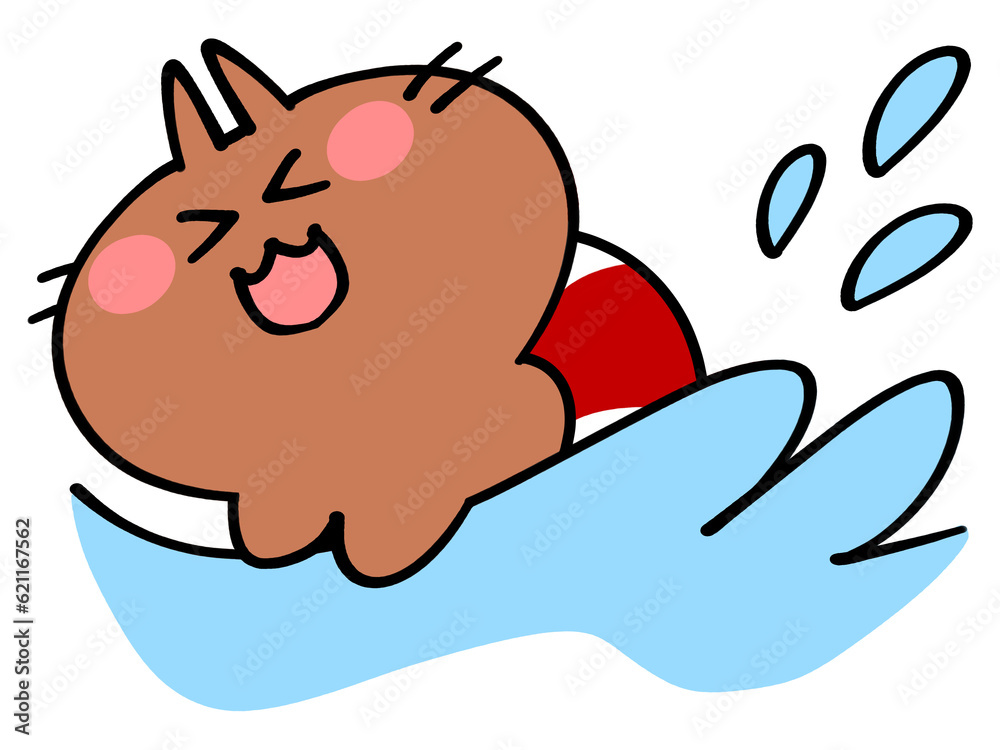 海で泳ぐ浮き輪の日焼けしたにゃんこイラスト素材 海で泳ぐ浮き輪の日焼けしたにゃんこイラスト素材