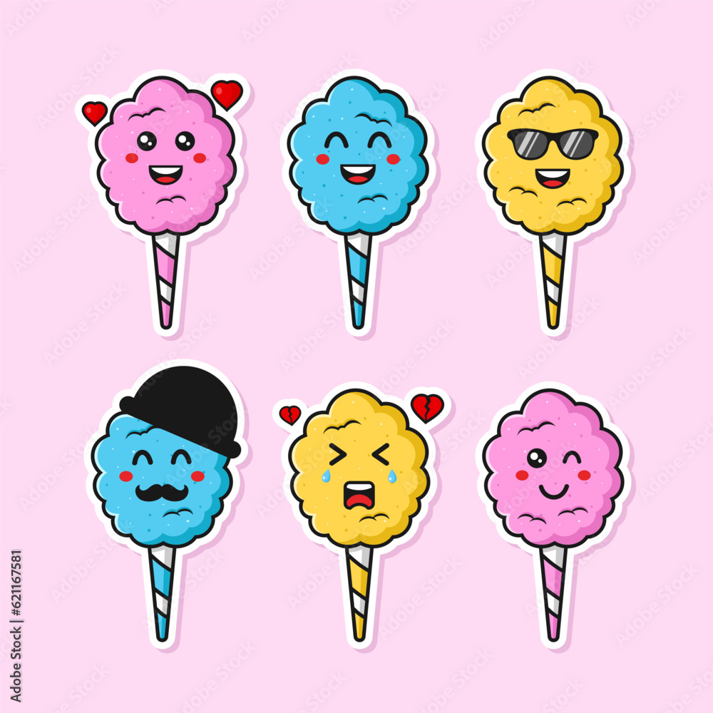 Cotton candy cute character sticker design collection