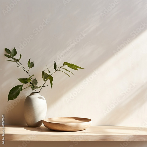 Wallpaper Mural Modern, minimal square wooden podium tray on glossy white table counter, vase of tree twig, leaf shadow on wall background Torontodigital.ca