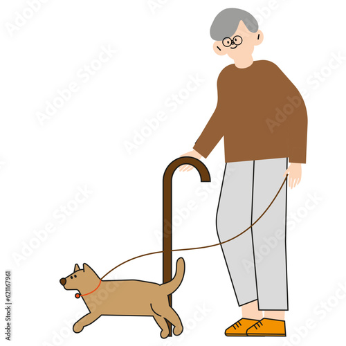 the elderly person with pet dog
