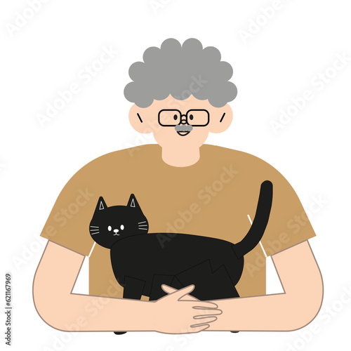 the elderly person with pet cat