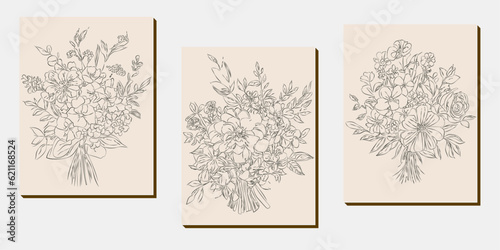 Flower bouquet line art  black and white floral set collection bundle handdrawn  branch  foliage  leaf minimal antique retro contemporary ink drawing for decor wedding invitation and poster card