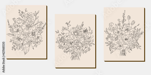 Flower bouquet line art, black and white floral set collection bundle handdrawn, branch, foliage, leaf minimal antique retro contemporary ink drawing for decor wedding invitation and poster card
