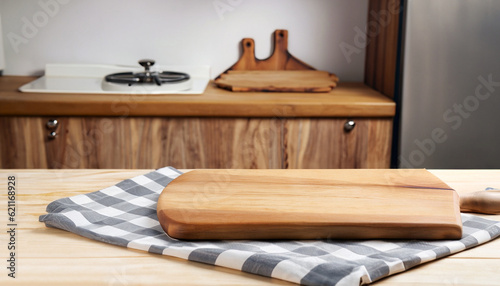 Wooden cutting board stand with tablecloth on kitchen table background