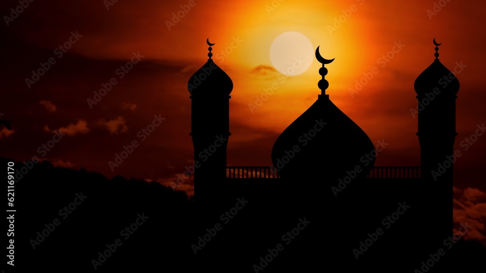 Sunset and Mosque Silhouette.Birds Flying Around the Mosque. The video of this image is in my portfolio.	