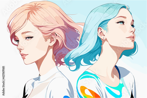 Portrait of two young women. Friends, sisters. Vector illustration isolated on white background.