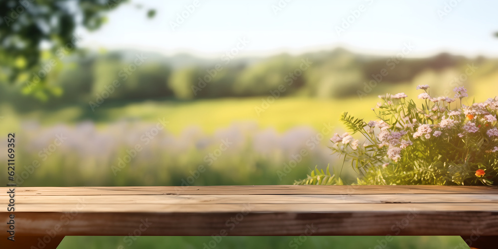 Naklejka premium empty wooden table top for products display with green spring meadow, Green grass, flowering trees. Outdoor recreation, healthy lifestyle, beauty of nature,