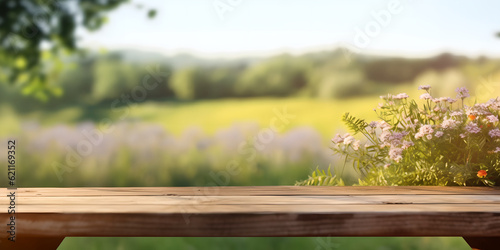 empty wooden table top for products display with green spring meadow, Green grass, flowering trees. Outdoor recreation, healthy lifestyle, beauty of nature,