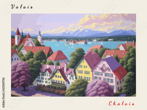 Chalais: Post card design with town in Switzerland and the city name Chalais photo