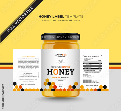 Honey label honey sticker banner natural bee honey glass jar bottle sticker creative product packaging idea,white minimal clean design background healthy organic food product bee black label.