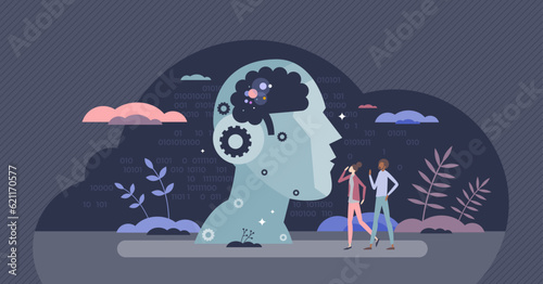 Artificial intelligence and AI as smart technology tiny person concept. Machine neural thinking and information processing as modern invention for human and robot partnership vector illustration.